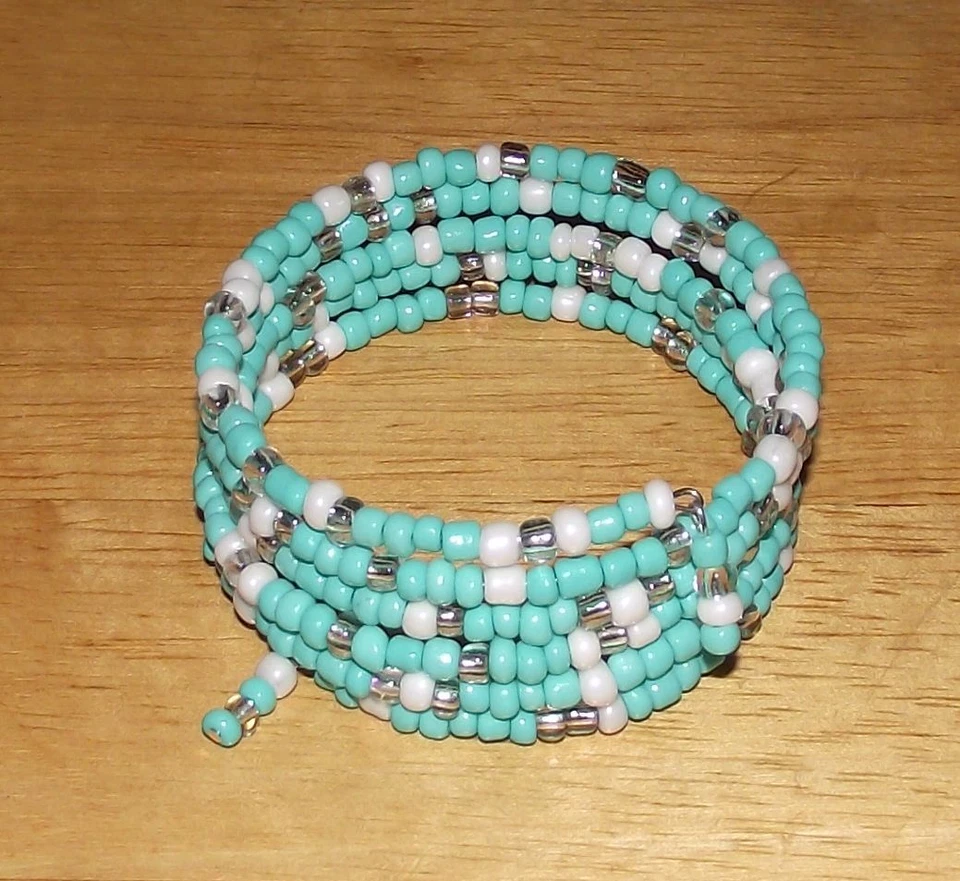Turquoise White Crystal Beaded Wrap Coil Bangle Bracelet USA Made - Glass Beads - Image 2 of 4