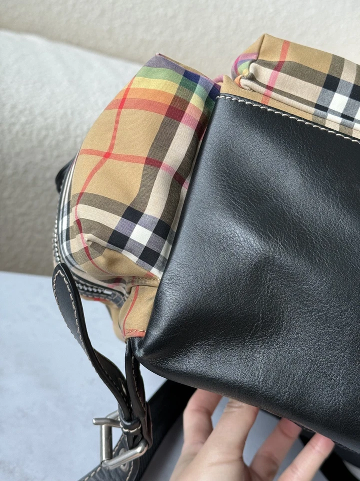 Vintage BURBERRY Check RAINBOW Nylon Backpack Antique Yellow Medium MD  - Image 4 of 4