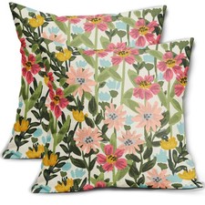 Floral Pillow Covers 18x18 Set of 2 Green Pink Spring Summer Flower Pattern P...