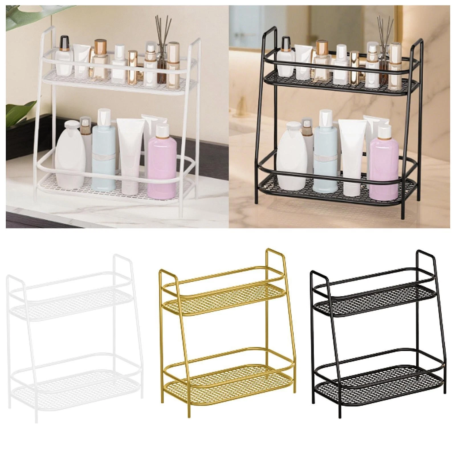 2 Tier Spice Storage Rack Office Mesh Design Bathroom Countertop Organizer