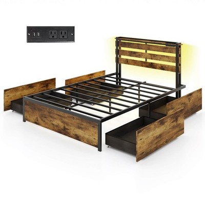 Full Size Bed Frame w/ USB Ports Smart APP Control & Drawers LED Lights Outlets