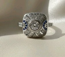 Sterling Silver 925 Art Deco Style CZ  Simulated Sapphire Cocktail Ring Size 7