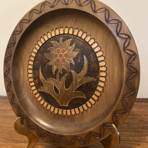 Vintage 1960's Hand Carved Wooden Plate with Brass Inlay, Made in Poland 7.5” - Picture 2 of 14