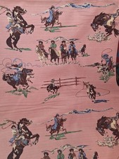 Rare Selling By The Yard "ROUND UP" COWGIRLS BARKCLOTH PEACH BY DEBBIE RODGERS