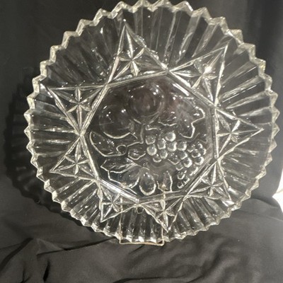 Clear Pressed Glass Round Platter Fruit Motif Decorative Glossy Finish