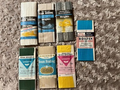7  Vintage Sewing WRIGHTS Seam Binding Eggshell Jungle Dk Gray Parakeet Yellow