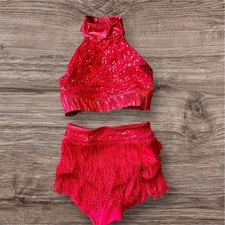 Balera Child Medium Two Piece Dance Outfit Red Sequins Fringe