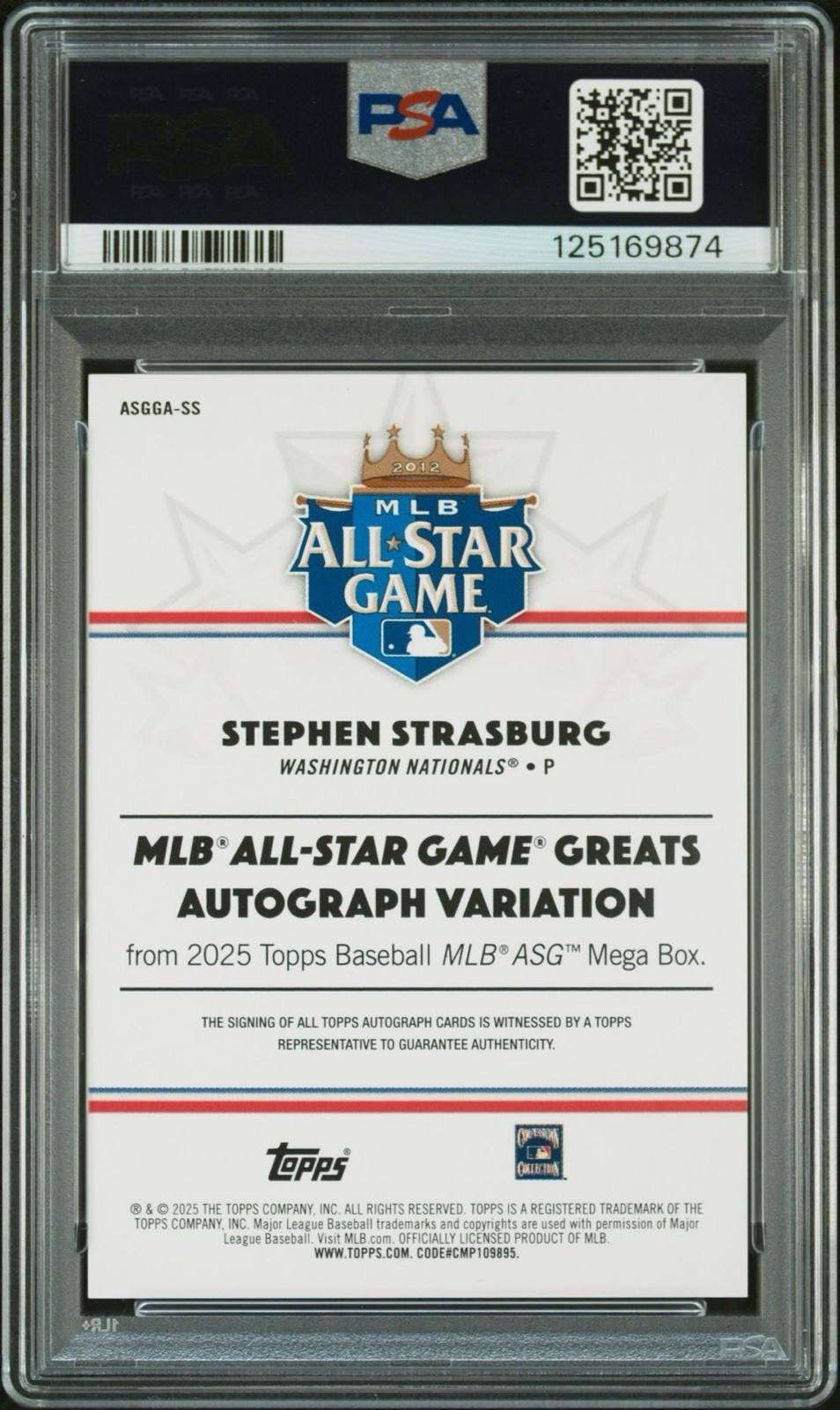 2025 Topps Baseball Stephen Strasburg Game Greats Auto Orange /25 PSA 10 view 5