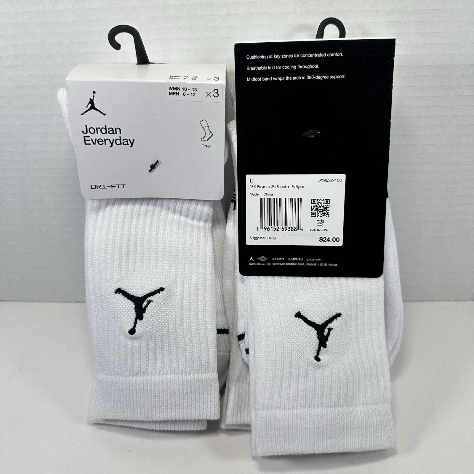 Nike Jordan Everyday Crew 3 Pack Socks DX9632-100 Dri-Fit White SZ L (8-12) NWT
