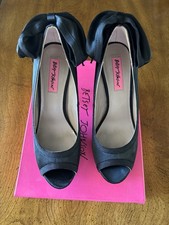 Betsey Johnson Casey-R Black Satin Rhinestone Heels Bow Peep Toe Formal Size 8.5