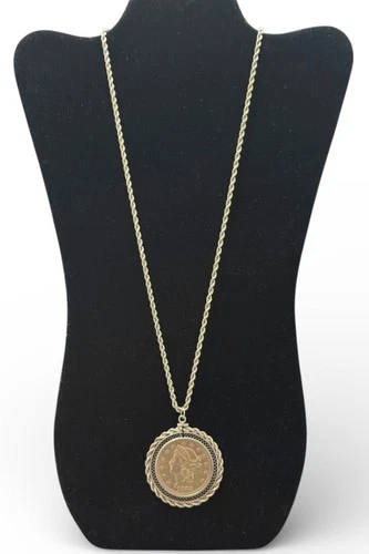 1882 $20 US Liberty Double Eagle Gold Dollar Coin 14K Bezel  24” !4K Rope Chain