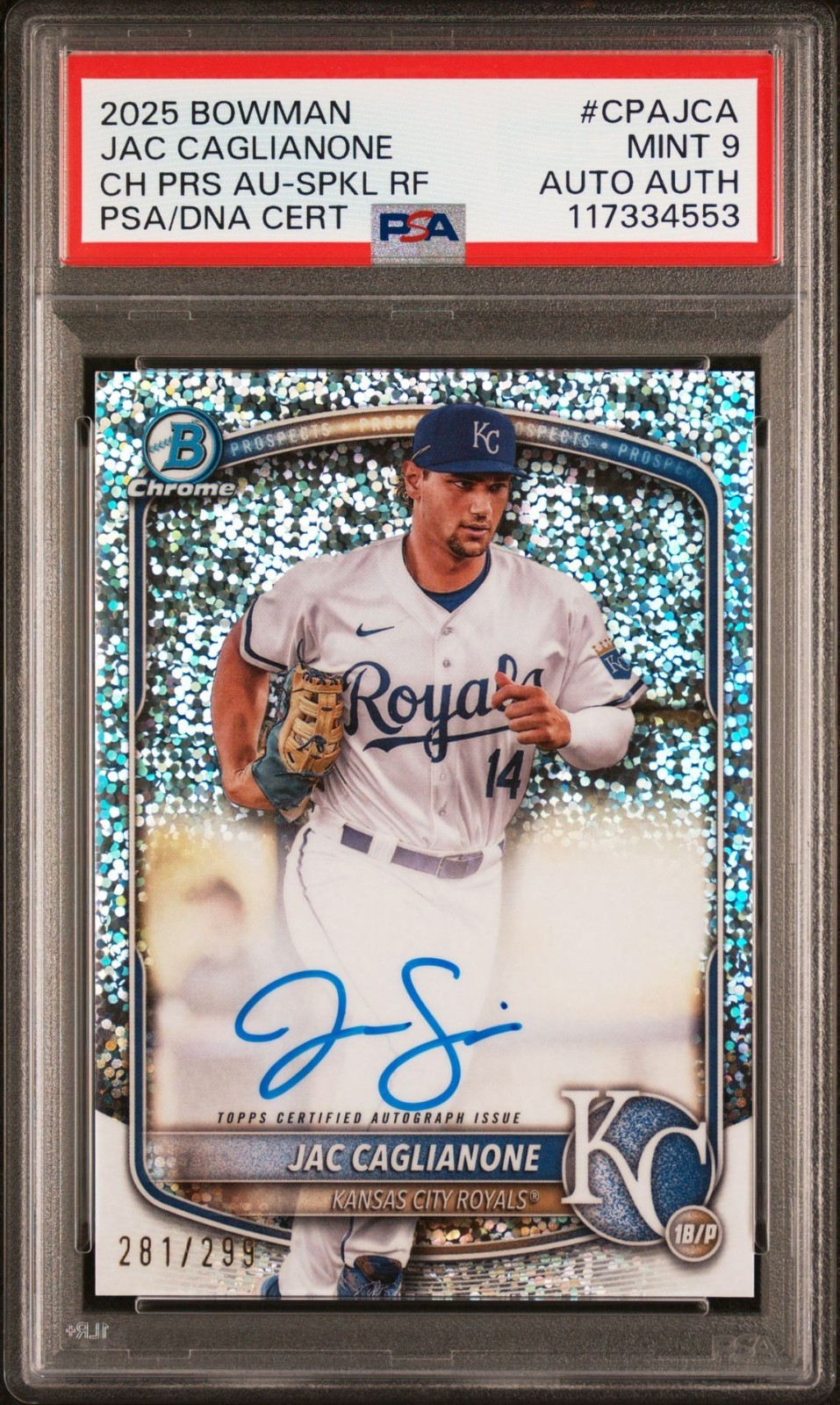 2025 Bowman Chrome Prospect Auto Jac Caglianone CPA-JCA Speckle #/299 PSA 9
