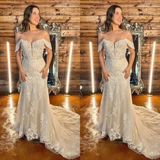 Trumpet Wedding DressTulle Off the Shoulder with Appliques Zipper Brush Train