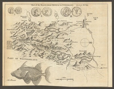 Die schwarzen Bleiminen in Cumberland. Englischer Lake District. Herren Mag 1751 Karte