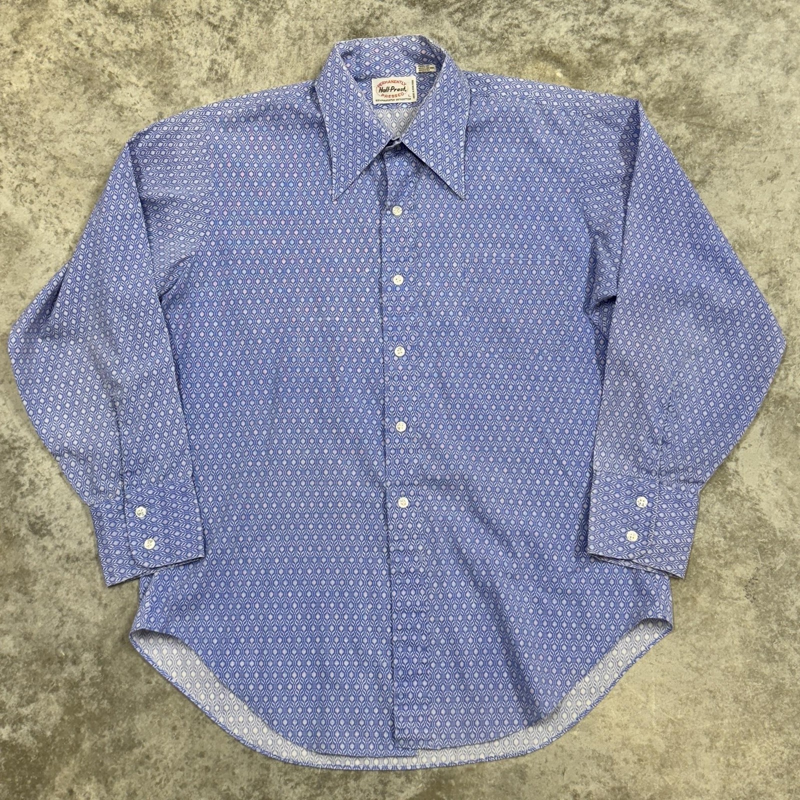 Vintage Hall-Prest Shirt Mens Large Blue Geometric Print Permanent Press 70s