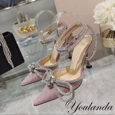 Womens Stiletto Heels Bowknot Rhinestone Pointed Toe Strappy Dress Pump Shoes
