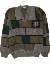 VINTAGE Mens V-Neck Jumper Sweater XL Grey Check DH81