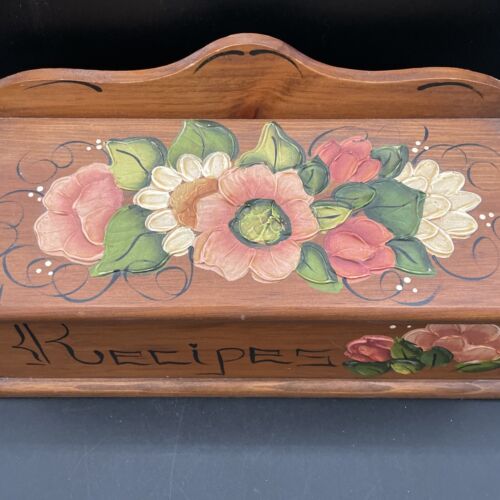 Wooden Recipe Box - Hand Painted Flowers - Double Wide w/ hinged lid - sign NAN - Picture 2 of 11