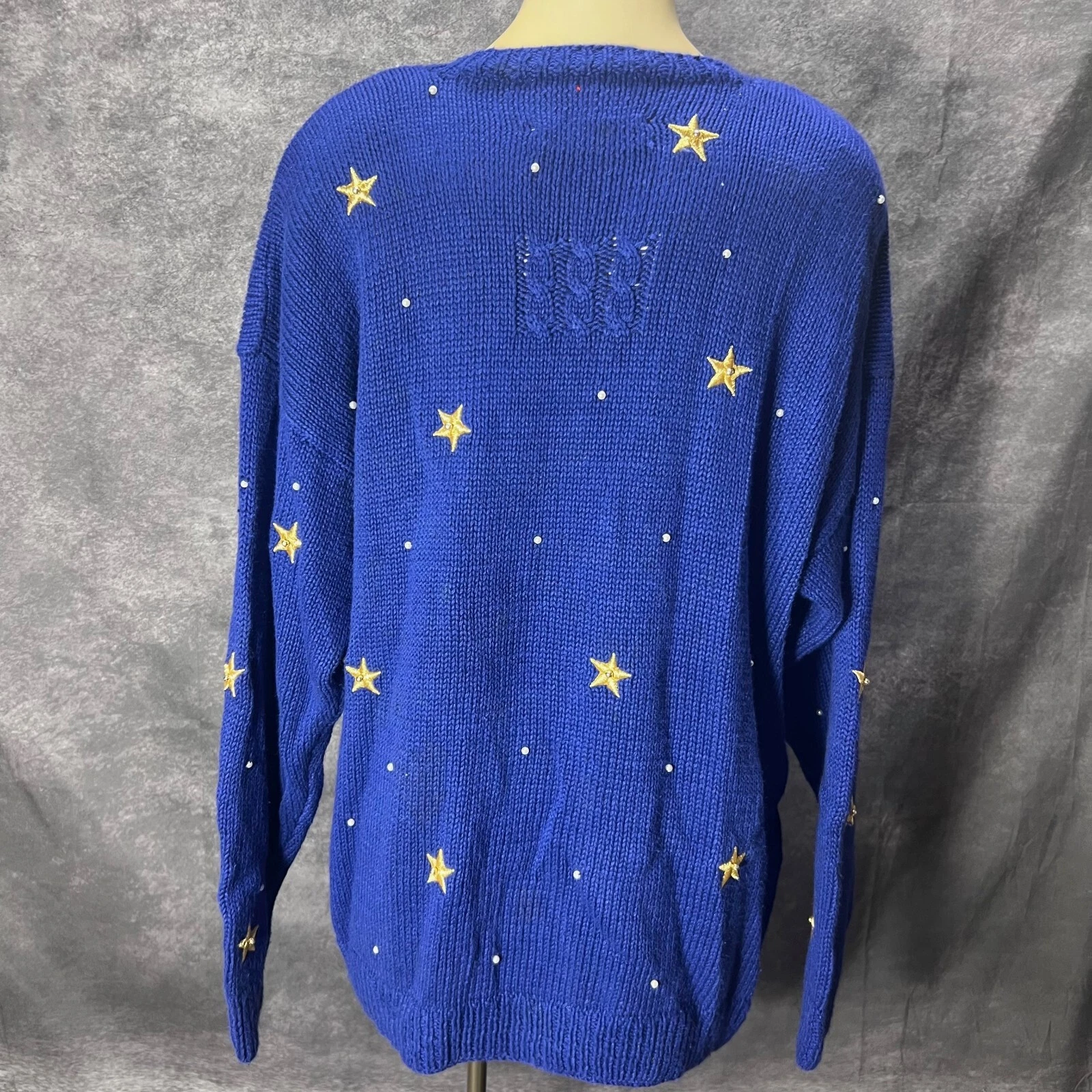 VTG Marisa Christina Ugly Christmas Sweater Womens L Blue Santa Sleigh Rudolph