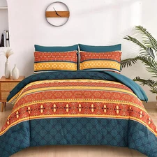 WONGS BEDDING Boho Comforter Set Queen Size,7 Pieces Bed Bohemian Strip Burnt