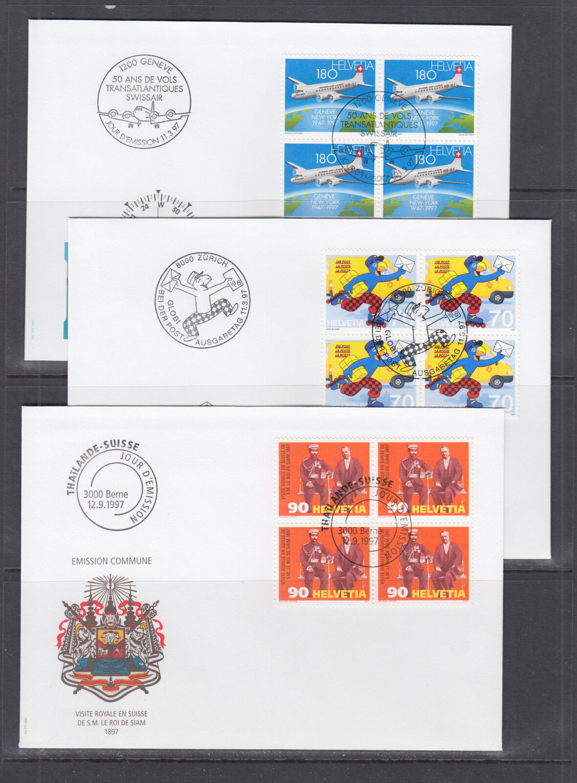 Switzerland Mi 1601/1622, 1997 issues, 6 complete sets in blocks of 4 on 15  FDCs