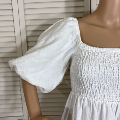 TUCKERNUCK Annie Smocked Balloon Sleeve Linen White Short Mini Dress Small  | eBay