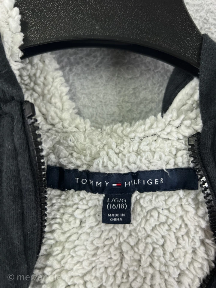 Tommy Hilfiger куртка молодежи L черный рукав печать шерпа с подкладкой толстовка с капюшоном полный молнии - Изображение 3 из 4