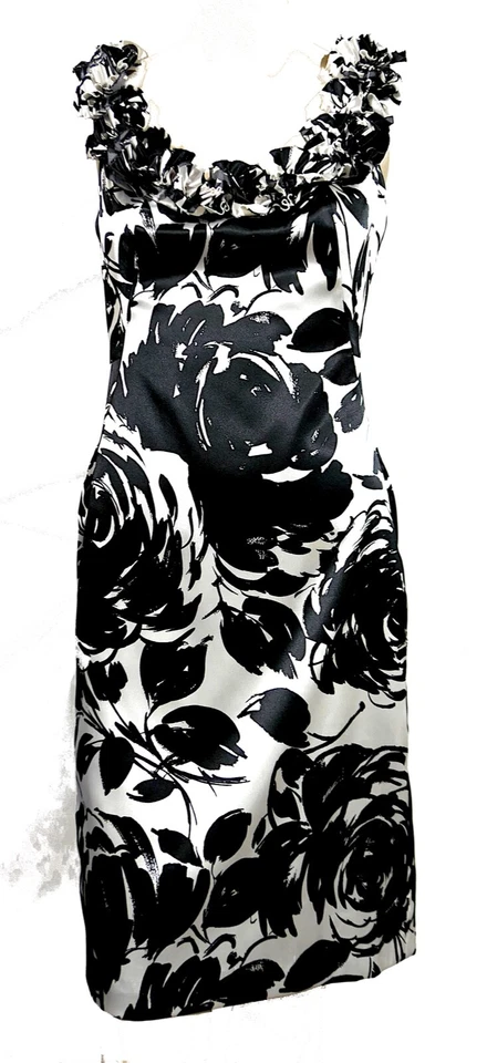 White House Black Market Ruffle Strap Abstract Satin Wiggle Cocktail Dress sz 6 - Image 3 of 4