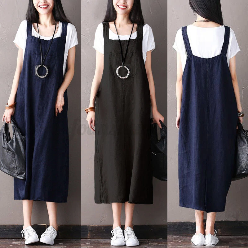 Womens Sleeveless Casual Loose Straps Dress Pinafore Dungarees