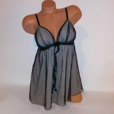 Victoria Secret Lingerie Babydoll Large Black Cream Lace Overlay Rhinestone