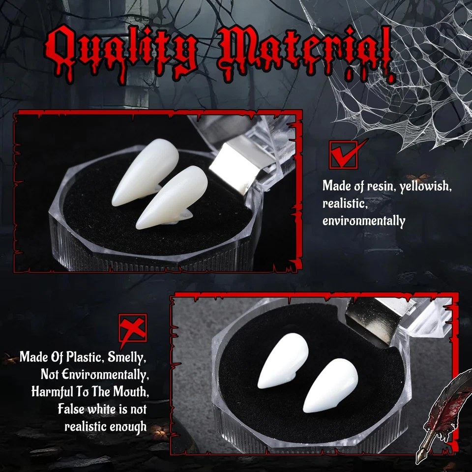 4 pares de colmillos de vampiro, 4 colmillos de tamaño para disfraces Halloween con tubo adhesivo sólido... Foto 3 de 4