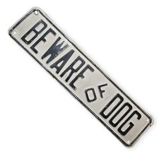 Vintage Metal Beware Of Dog Sign White Black Letters Embossed