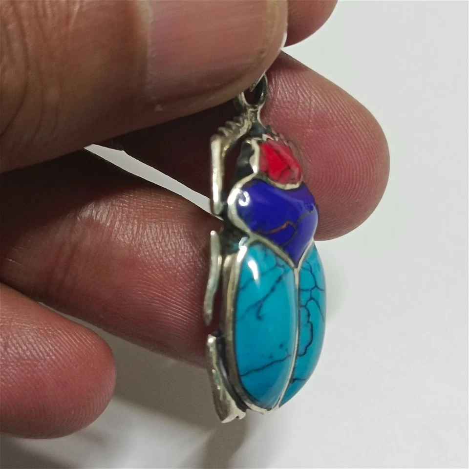 Collar Escarabajo Egipcio Plata 925, Hecho a Mano con Turquesa y Lapislázuli Coral Foto 3 de 4