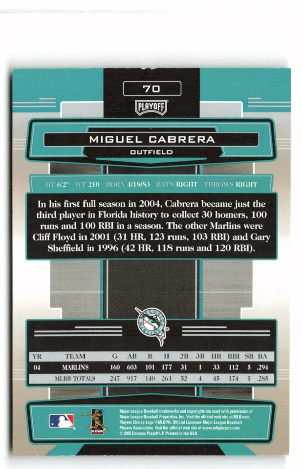 2005 Playoff Absolute Memorabilia #70 Miguel Cabrera Florida Marlins - Image 2 of 2