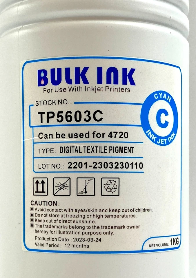 Juego de 6 tintas digitales a granel cian pigmento textil 1 kg TP5603C para impresoras 4720 Foto 2 de 4
