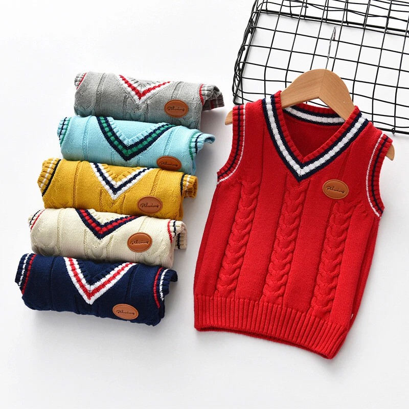 Kids Girls Baby Boys V Neck Top Knitted Jumper Sleeveless Sweater Vest Cardigan