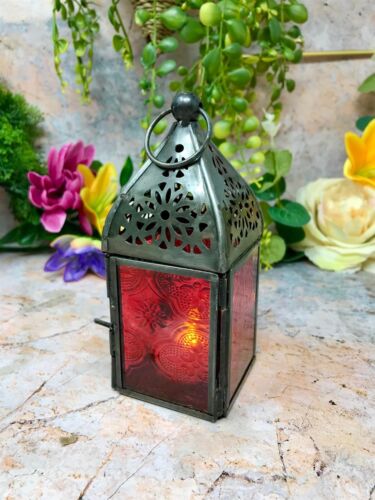 Antique Effect Moroccan Style Red Glass Zinc Lantern Candle Tealight Holder - Picture 1 of 4