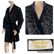 Vintage Victoria  s Secret Gold Label Black Velvet Burn Out Robe Lingerie O/S