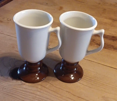 2 Vtg HALL 1273 Cups Mugs White & Brown Coffee Pedestal Footed Made USA