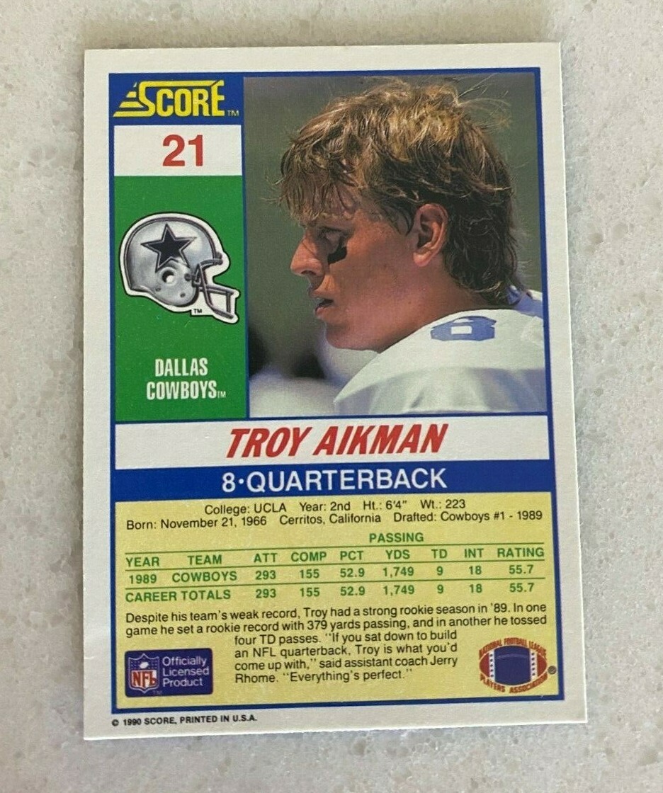 TROY AIKMAN 1990 SCORE Football Card # 21 - DALLAS COWBOYS