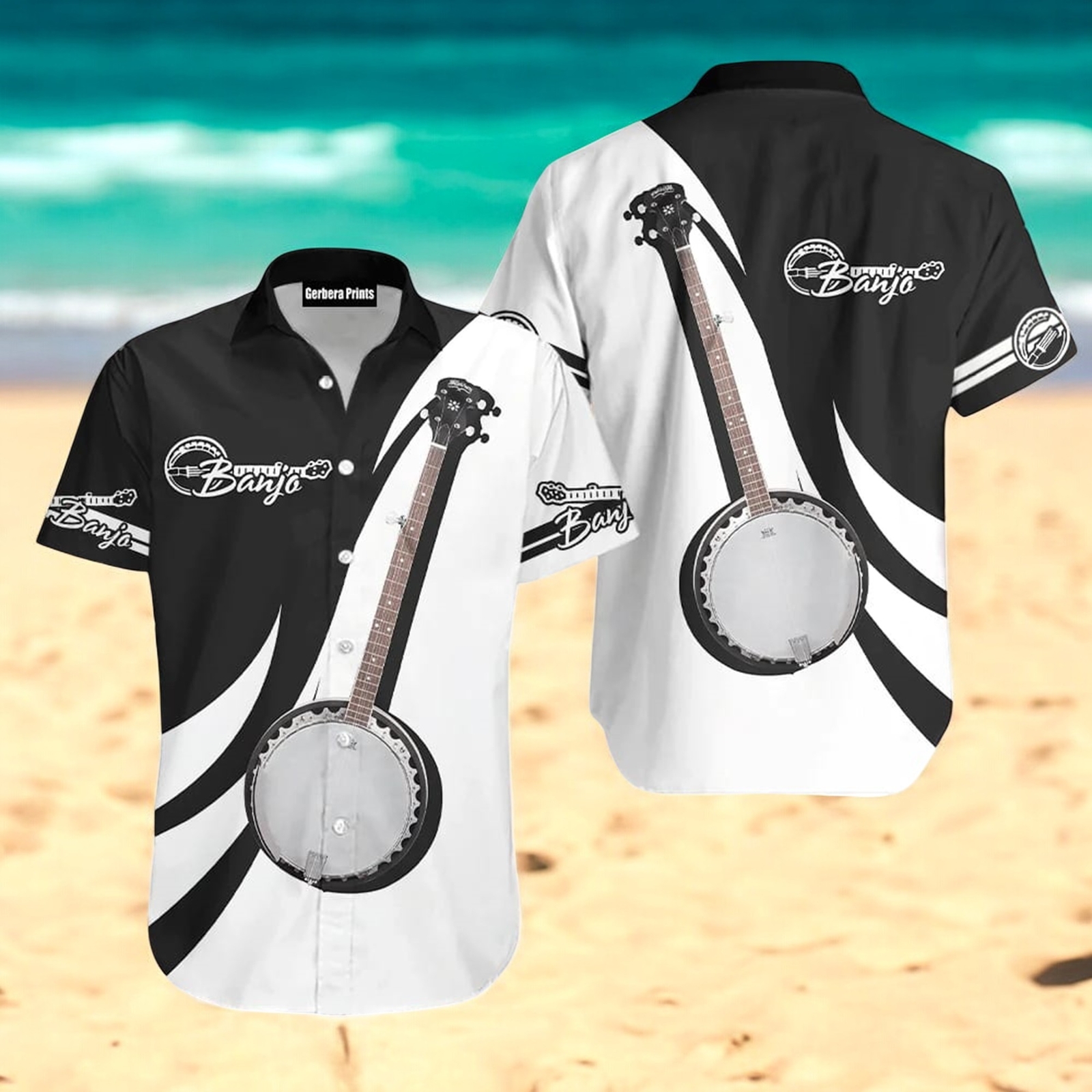 Banjo Music Instrument White And Black Hawaiian Shirt