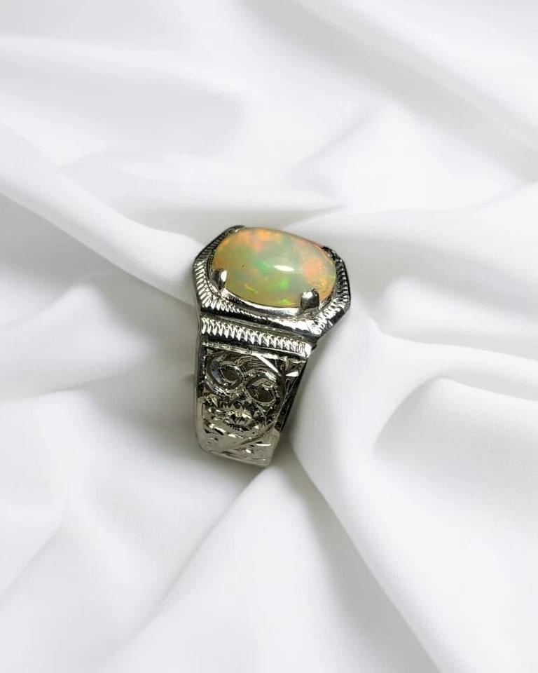 Кольцо в стиле ар-деко с огненным опалом мужское женское серебро 925 настоящий натуральный опал унисекс лента - Изображение 2 из 4