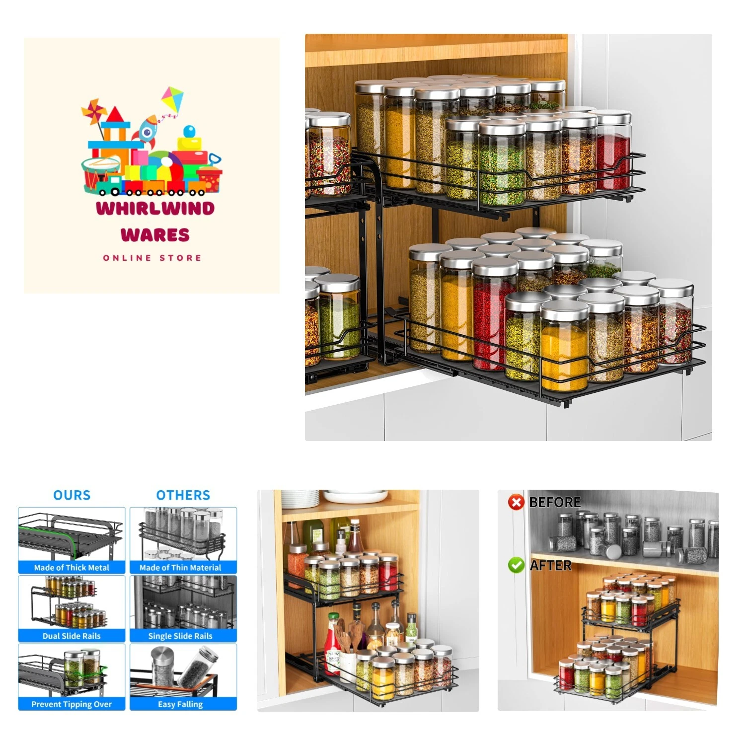 Spice Rack Organizer for Cabinet, 2 Tier Pull Out Spice Racks for Inside Cabi...