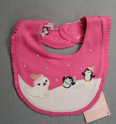 Baby Girl New Gymboree Pink Arctic Playful Penguin Bib