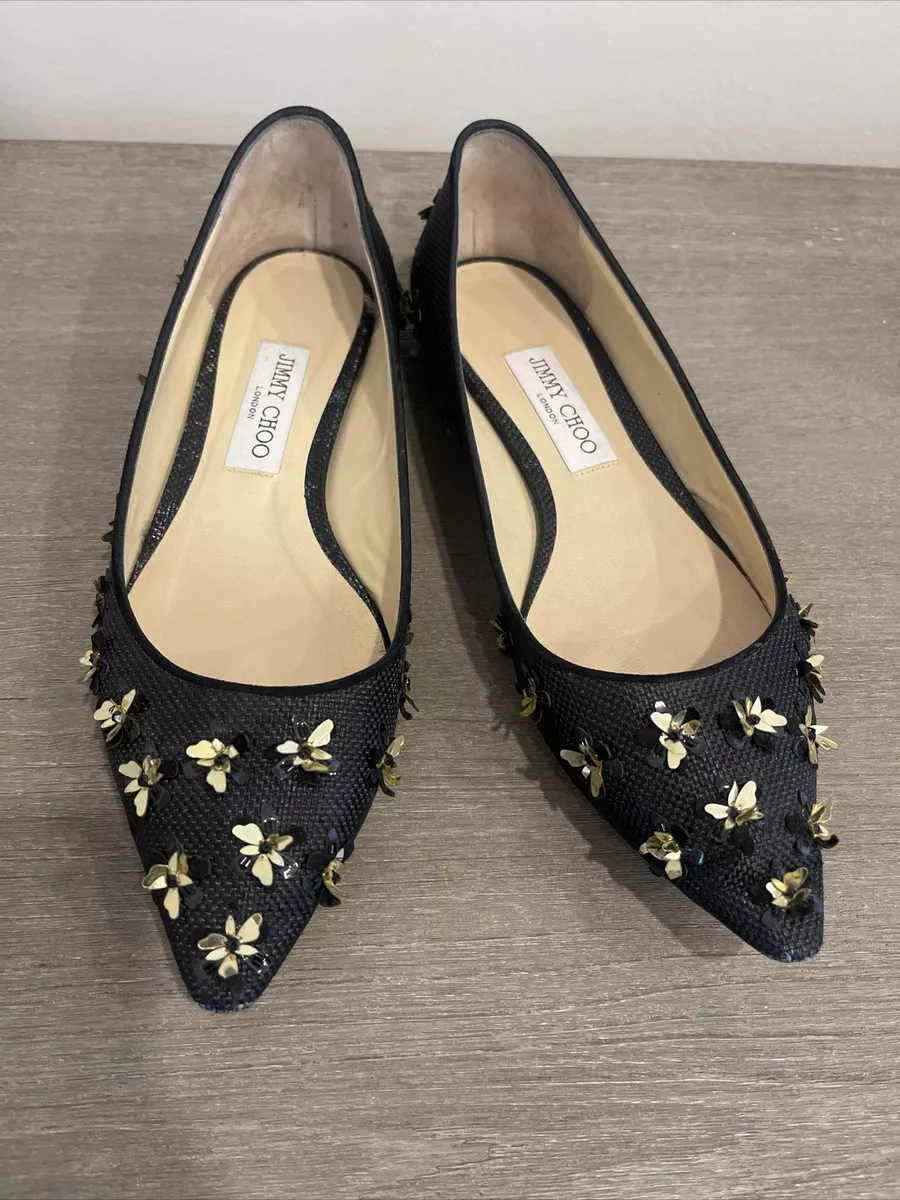 Jimmy Choo Romy 39 Black Raffia Gold Flower Pointy Toe Flat