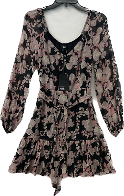 paige sheer dress Paige S 100 % silk Floral Black Ruffle Sheer Trim Detail V-neck Wrap Midi Dress