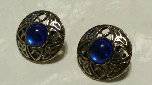 SCOTTISH CELTIC Vintage Pewter Acrylic Sapphire Blue Cabochon CLIP-ON EARRINGS* - Picture 7 of 12