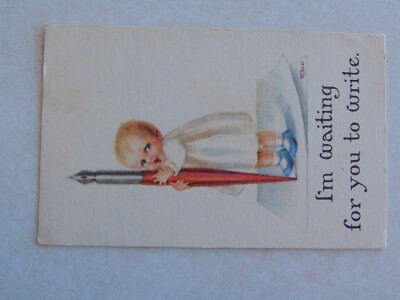 B1921 Postcard Im Waiting For You To Write Child Art