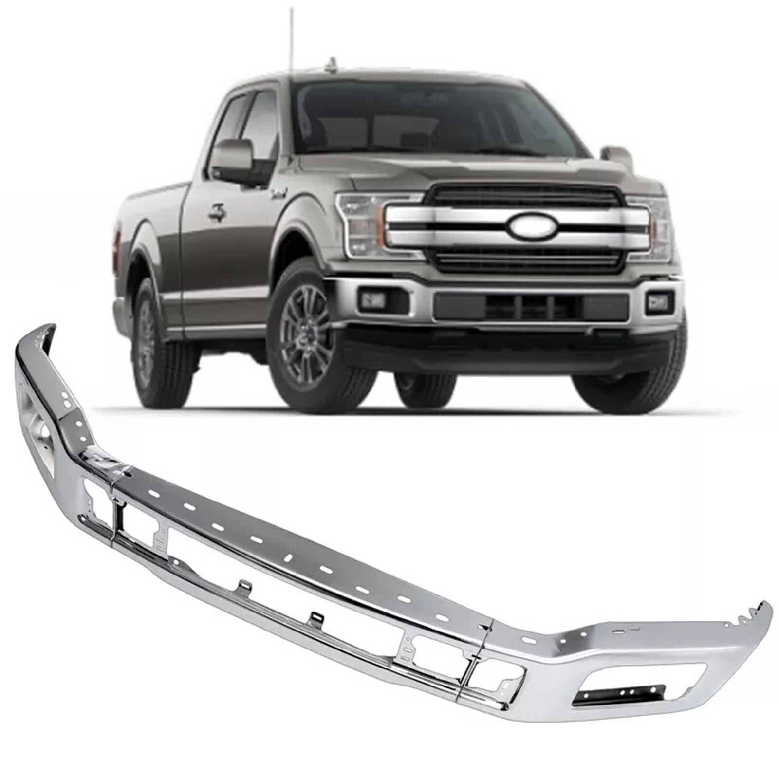 Chrome Steel Bumper Face Bar for 2018 2019 2020 Ford F-150 w/ Fog Light Hole
