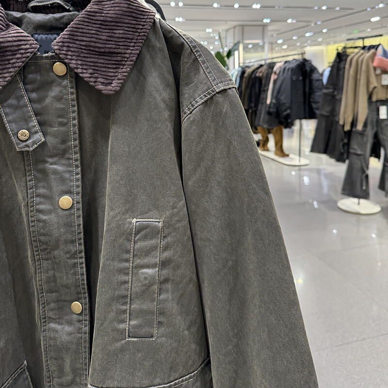 ZA NEW WOMAN WAXED JACKET WITH CORDUROY COLLAR MOSS GREEN XS ZA NEW WOMAN WAXED JACKET WITH CORDUROY COLLAR MOSS GREEN XS